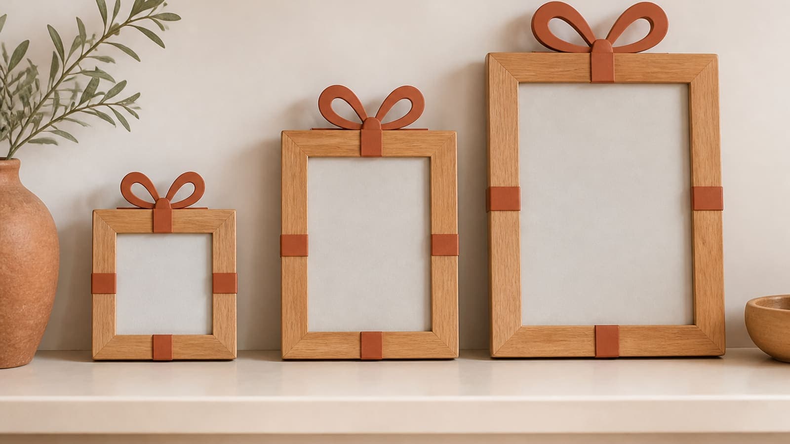 Three gift frames — 4x6, 5x7, and 8x10 — in a row on a cream shelf