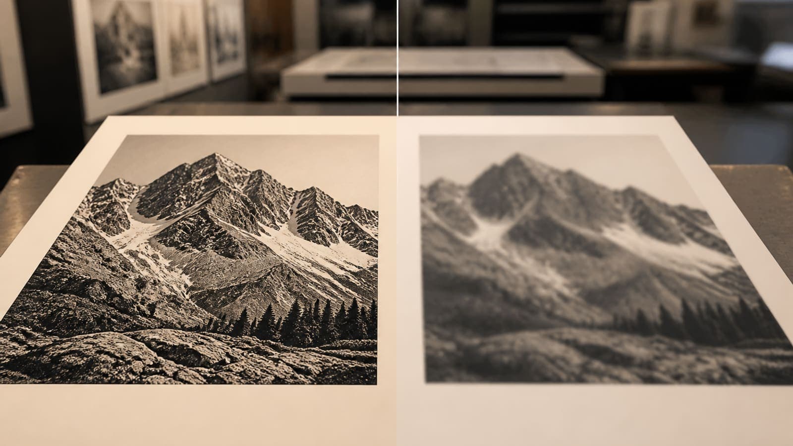 A sharp museum-quality paper print beside a soft, blurry poster on a print-shop counter