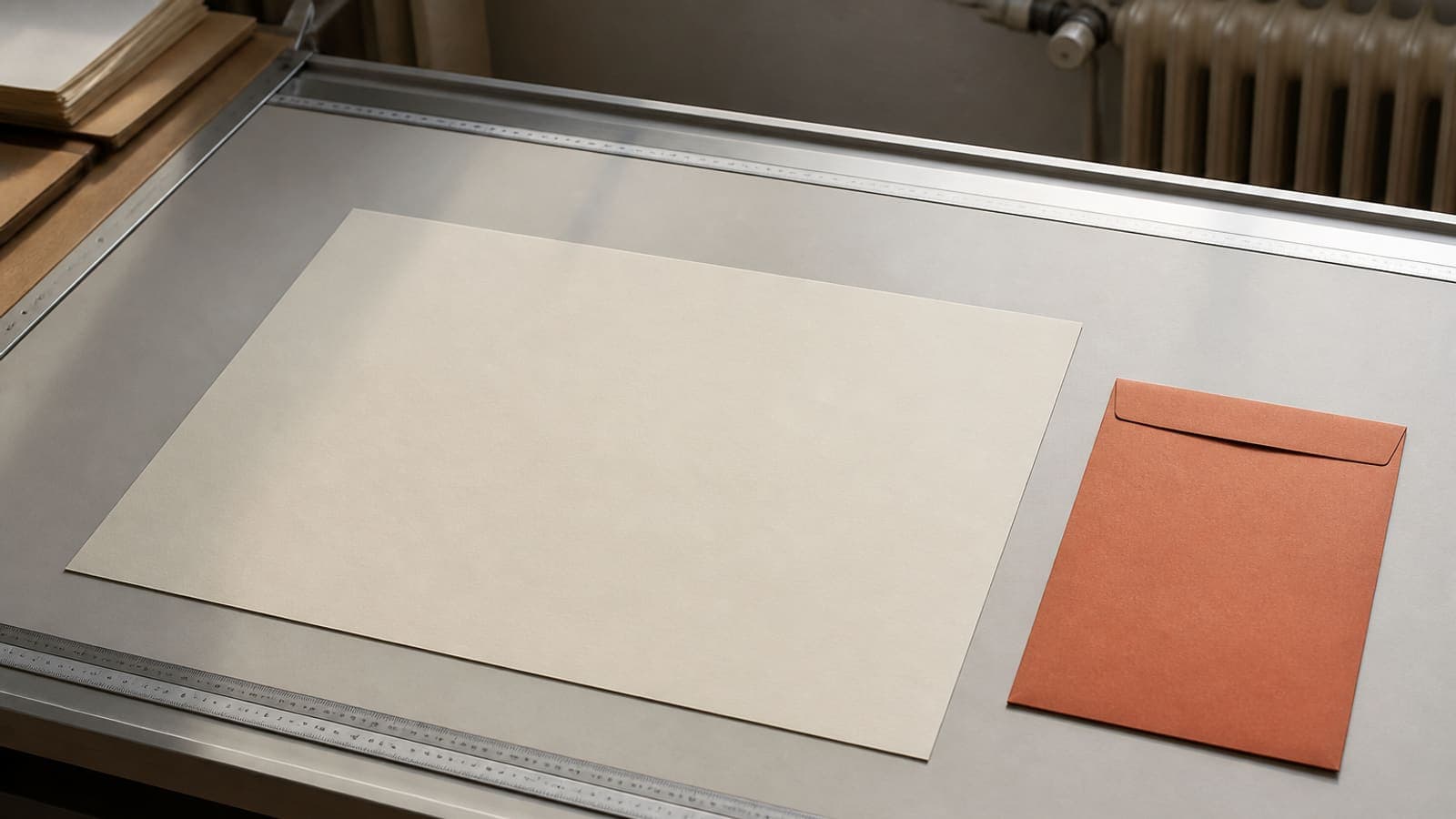 An A3 sheet on a European print desk with a millimetre ruler, cream paper, terracotta envelope