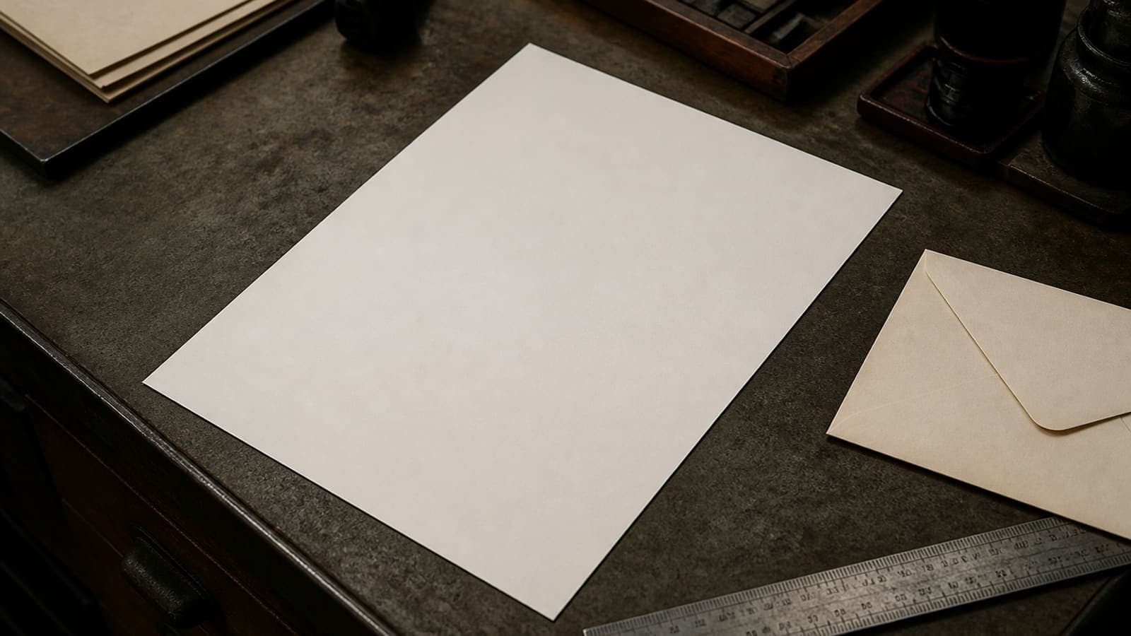 An A4 sheet on a European print-shop desk with a millimetre ruler and a cream envelope