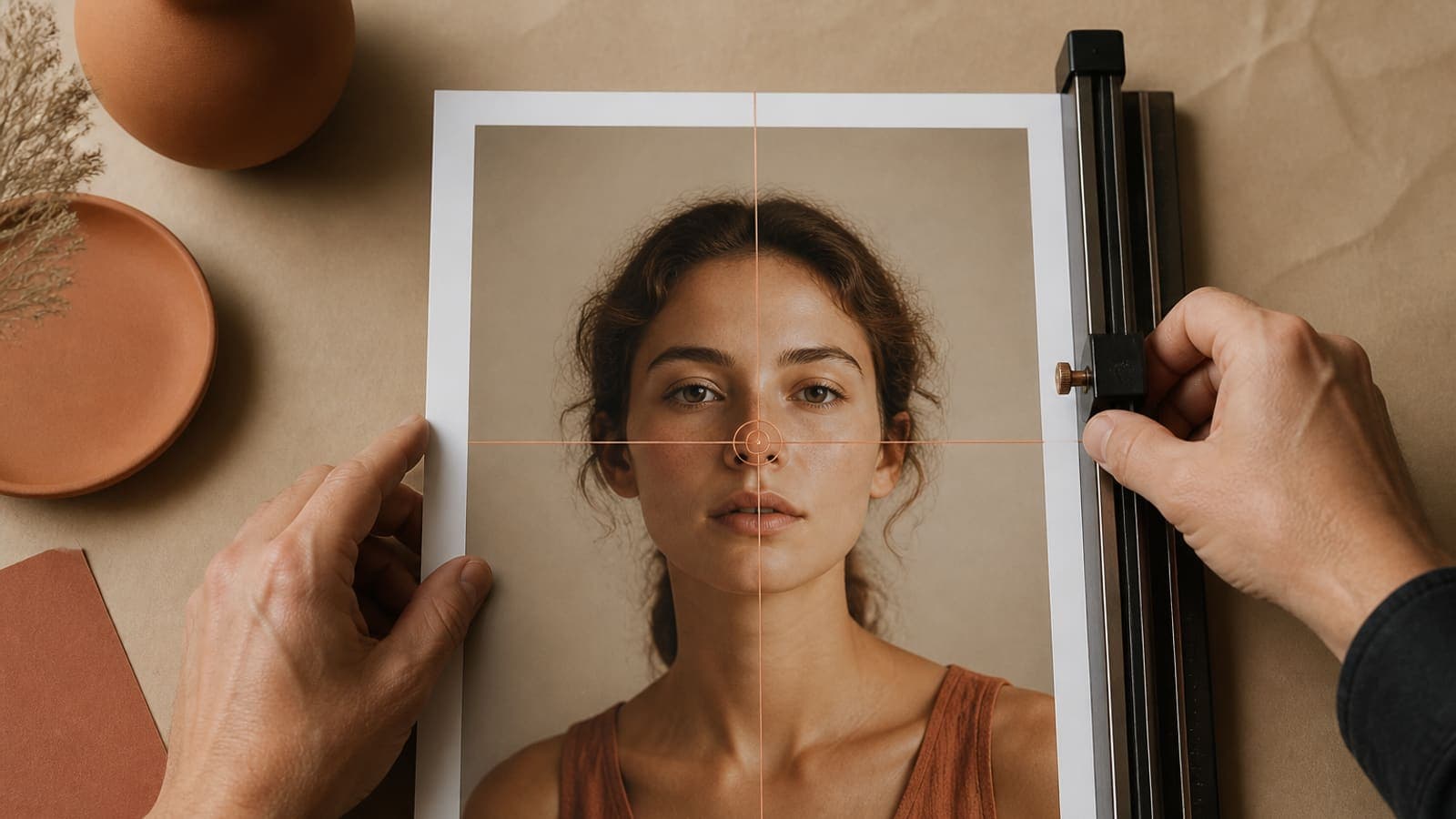 Hands cropping a portrait print with a copper focal marker on the subject’s face