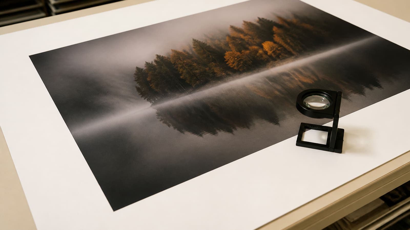 A sharp paper print next to a magnifying loupe on a cream print-shop counter