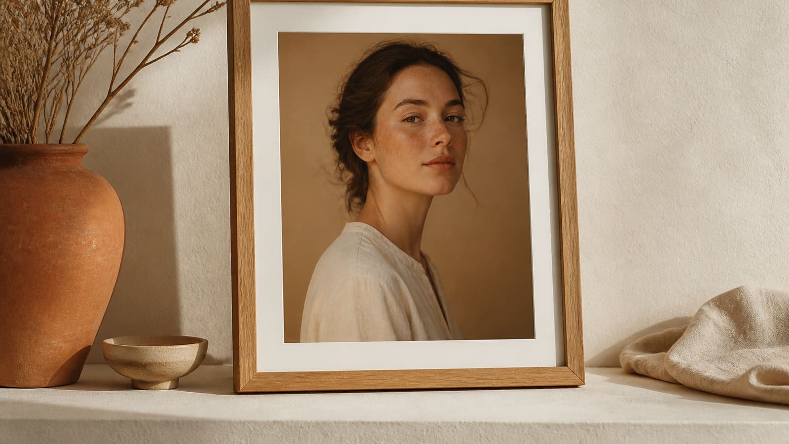An 11x14 wooden picture frame on a cream gallery shelf holding a portrait print