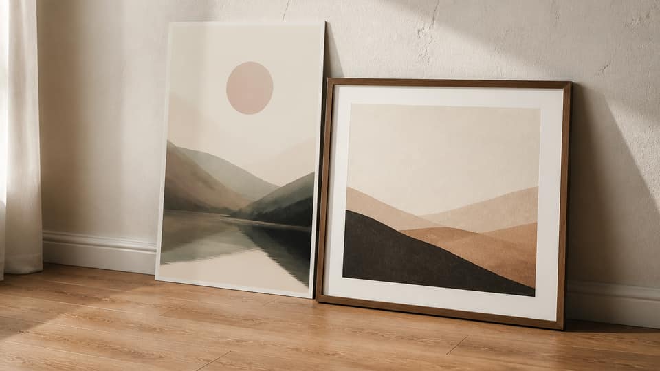 A tall 12x18 poster and a 16x20 frame leaning on a cream gallery wall
