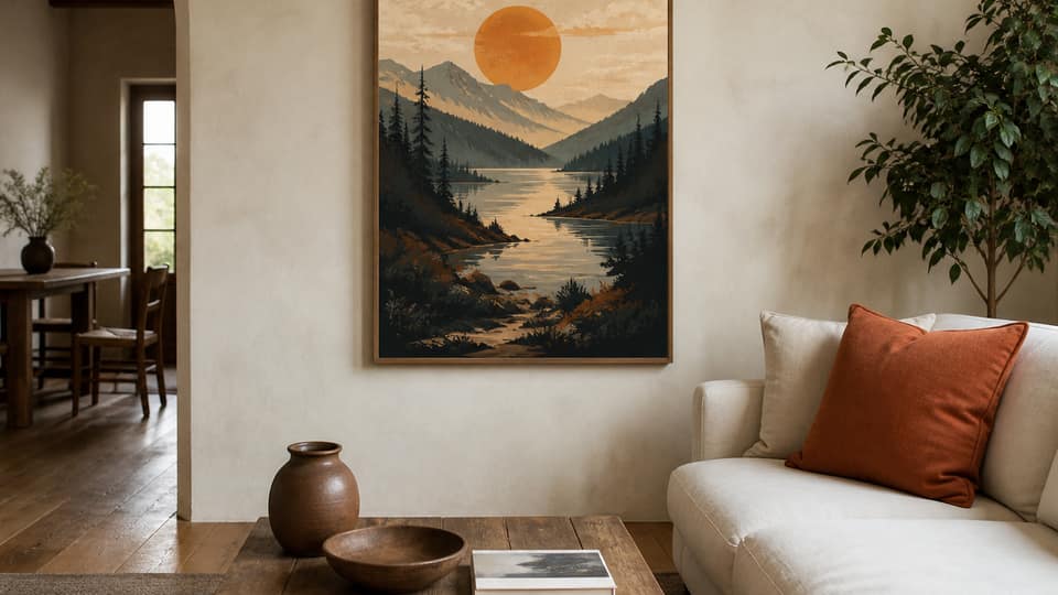A large 16x24 art poster hanging on a cream plaster living-room wall