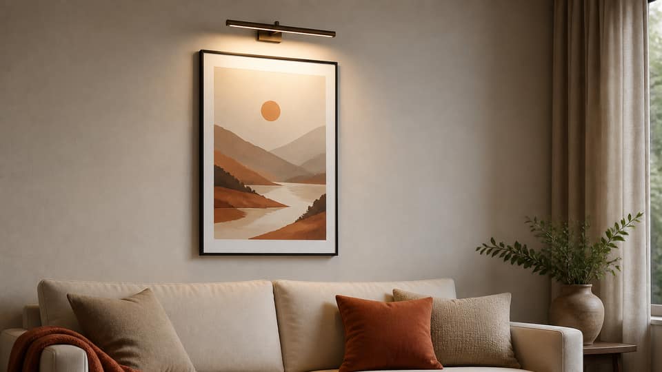An 18x24 framed poster above a cream sofa with a terracotta throw