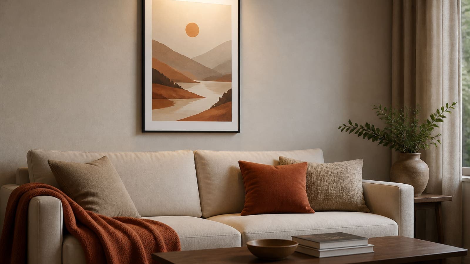 An 18x24 framed poster above a cream sofa with a terracotta throw