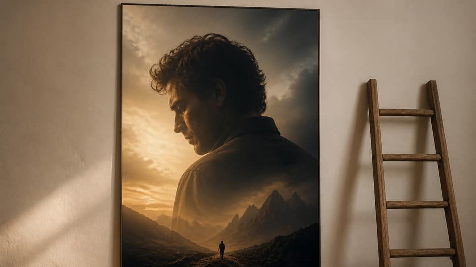 An oversized 20x30 poster on a cream studio wall beside a wooden ladder