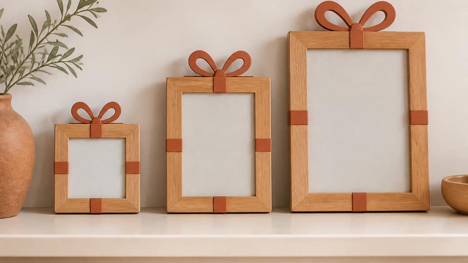 Three gift frames — 4x6, 5x7, and 8x10 — in a row on a cream shelf