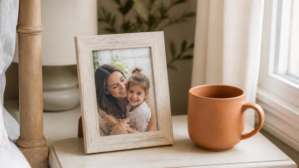 A 5x7 gift photo frame on a cream bedside table beside a terracotta mug