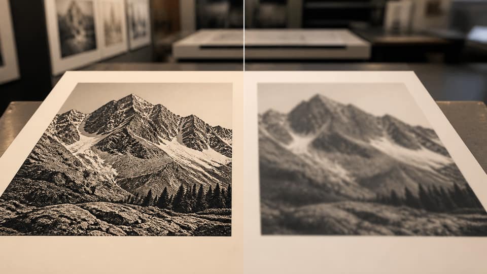 A sharp museum-quality paper print beside a soft, blurry poster on a print-shop counter