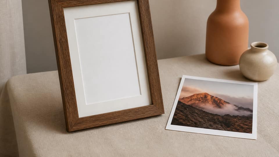 An 8x10 wooden picture frame on linen beside a printed mountain photograph