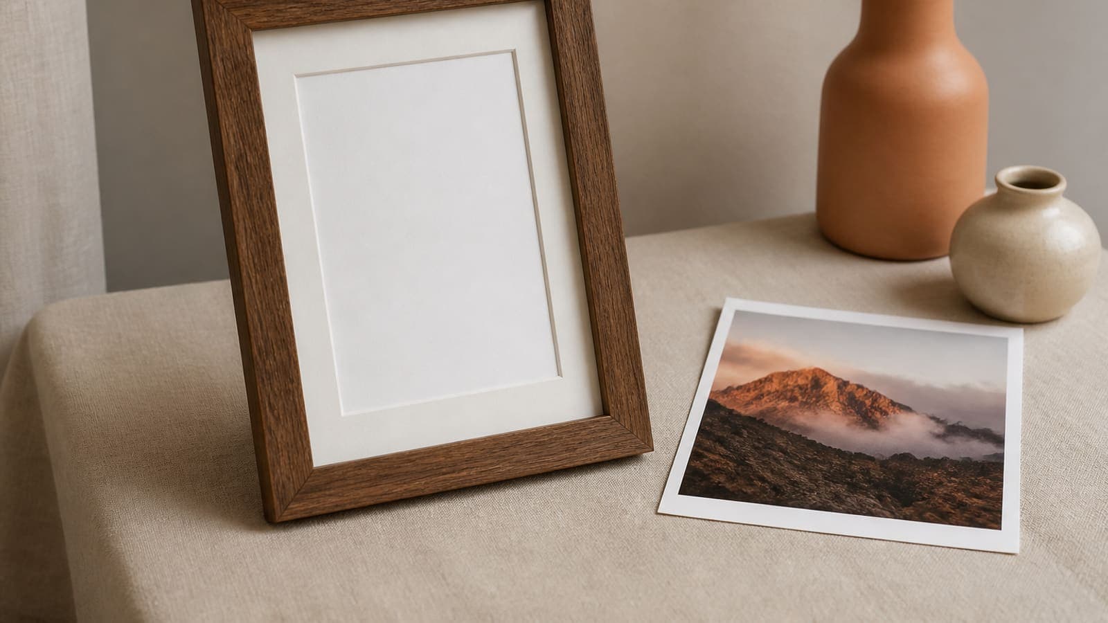 An 8x10 wooden picture frame on linen beside a printed mountain photograph