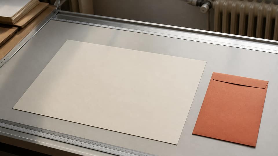 An A3 sheet on a European print desk with a millimetre ruler, cream paper, terracotta envelope