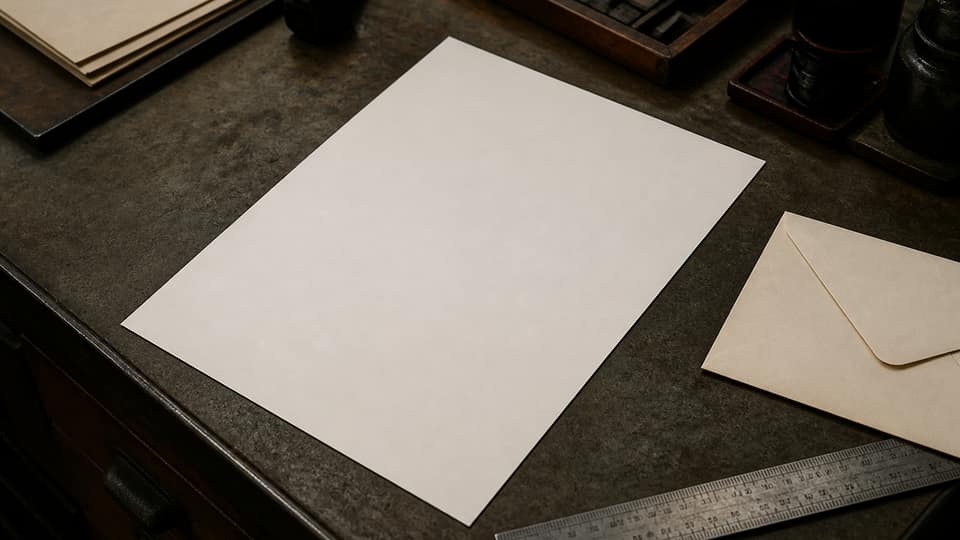 An A4 sheet on a European print-shop desk with a millimetre ruler and a cream envelope