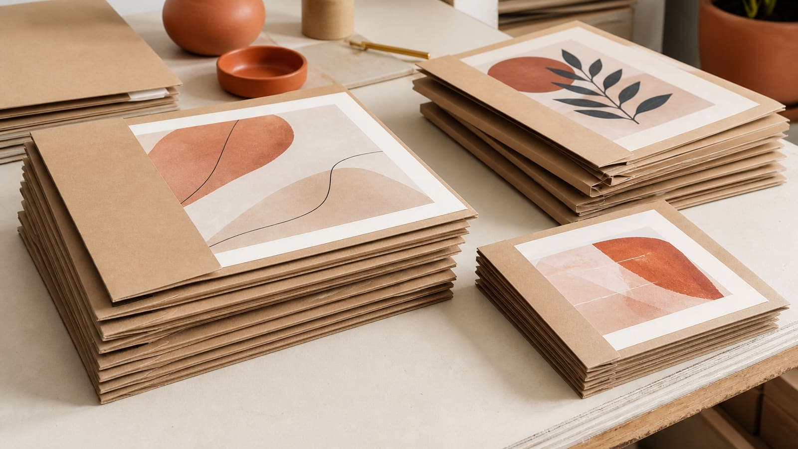 A stack of different sized art prints in kraft folders on a studio packing table