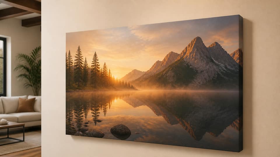 A gallery-wrap canvas on a cream wall showing the side wrap, warm wood floor, no logos