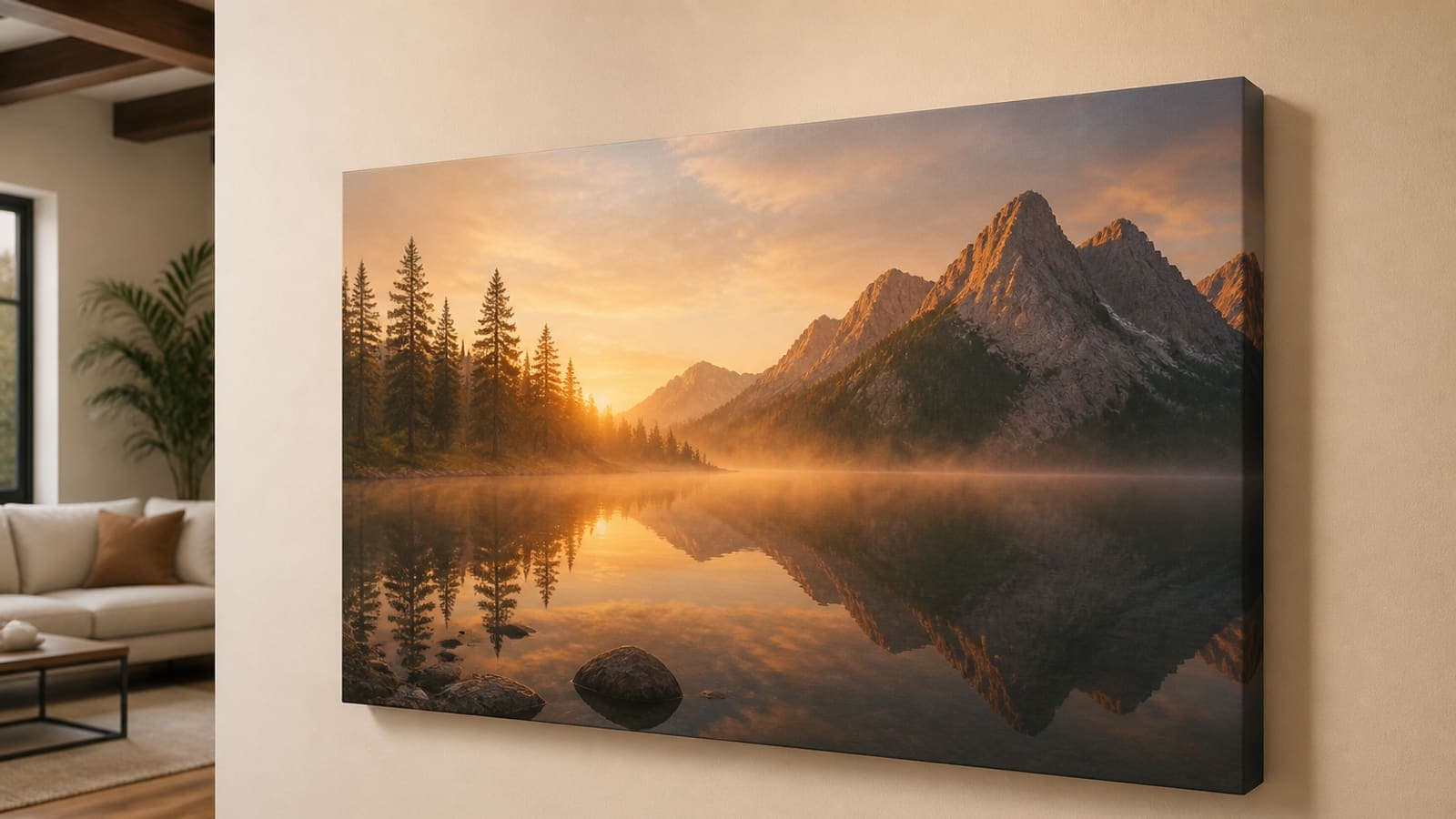 A gallery-wrap canvas on a cream wall showing the side wrap, warm wood floor, no logos