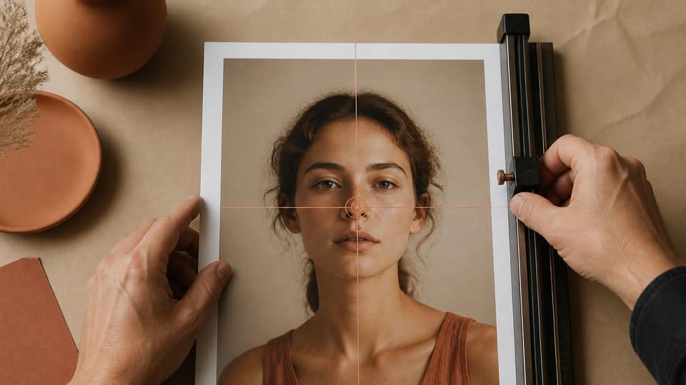Hands cropping a portrait print with a copper focal marker on the subject’s face