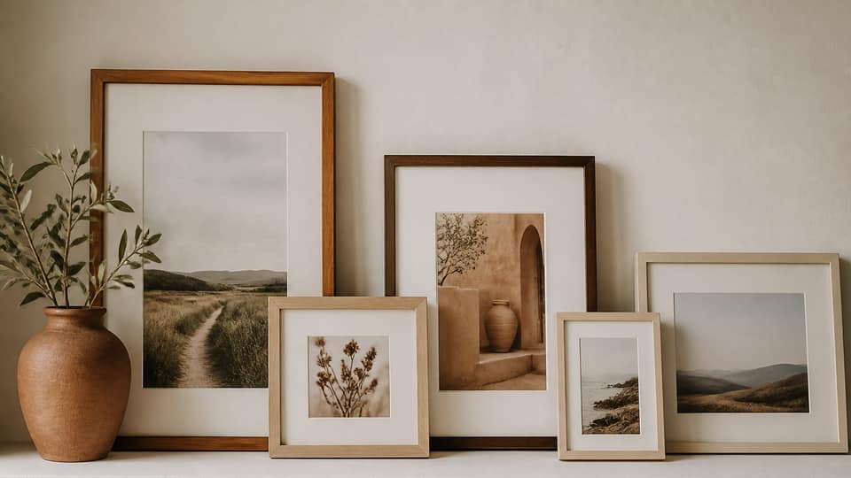 Mixed picture frames including 11x14 and 5x7 on a cream gallery shelf