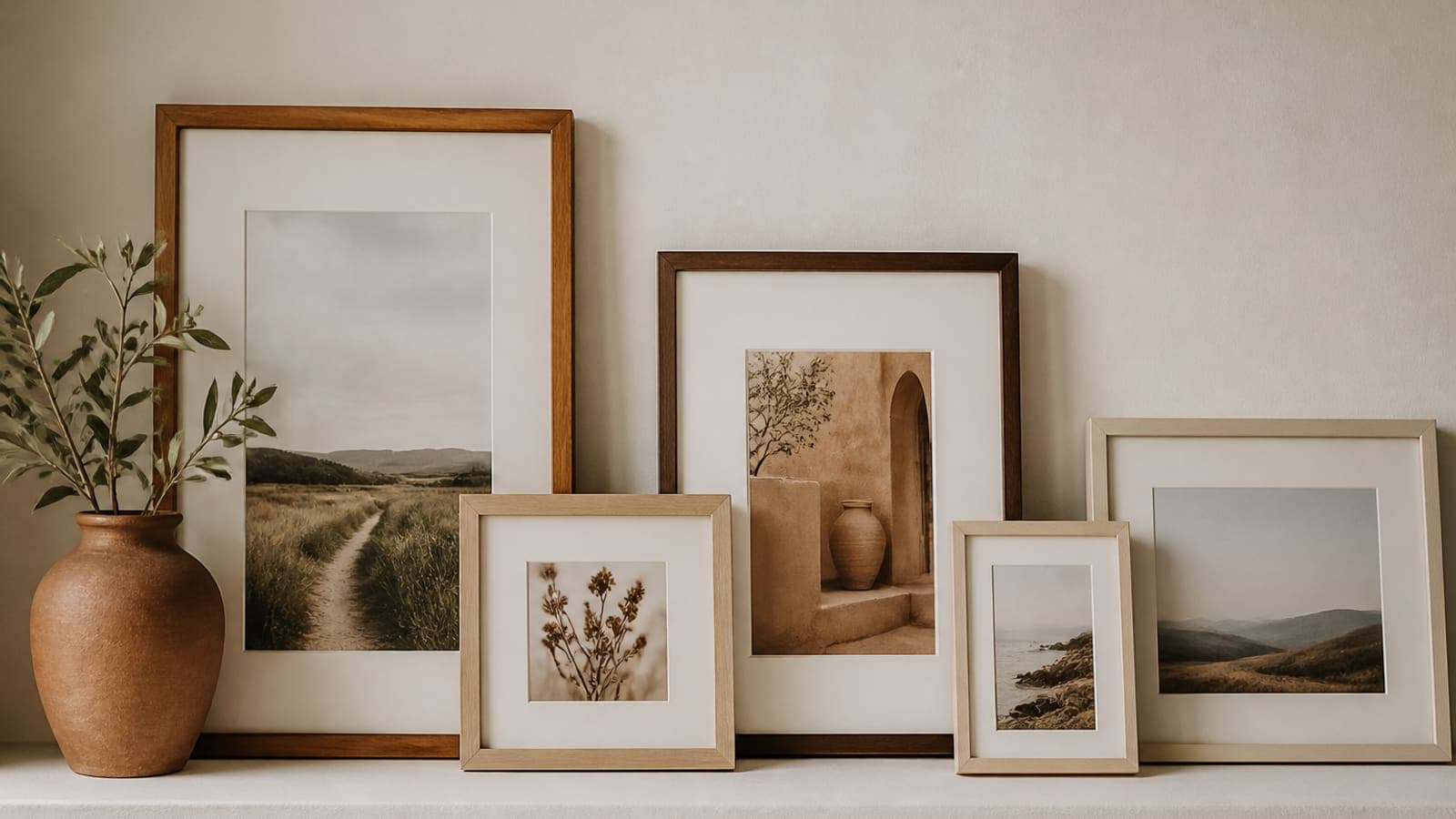 Mixed picture frames including 11x14 and 5x7 on a cream gallery shelf