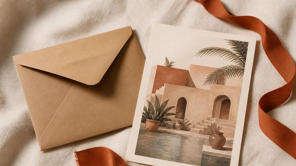 A kraft envelope labeled as a digital art download beside a printed sheet on cream paper, no readable brand