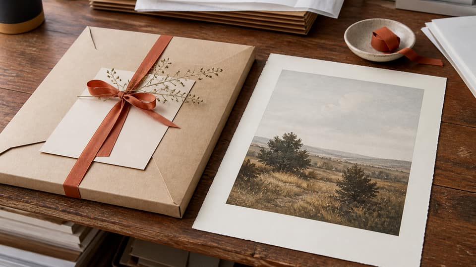 A kraft-mailer art print beside a production print file on a cream print-shop desk