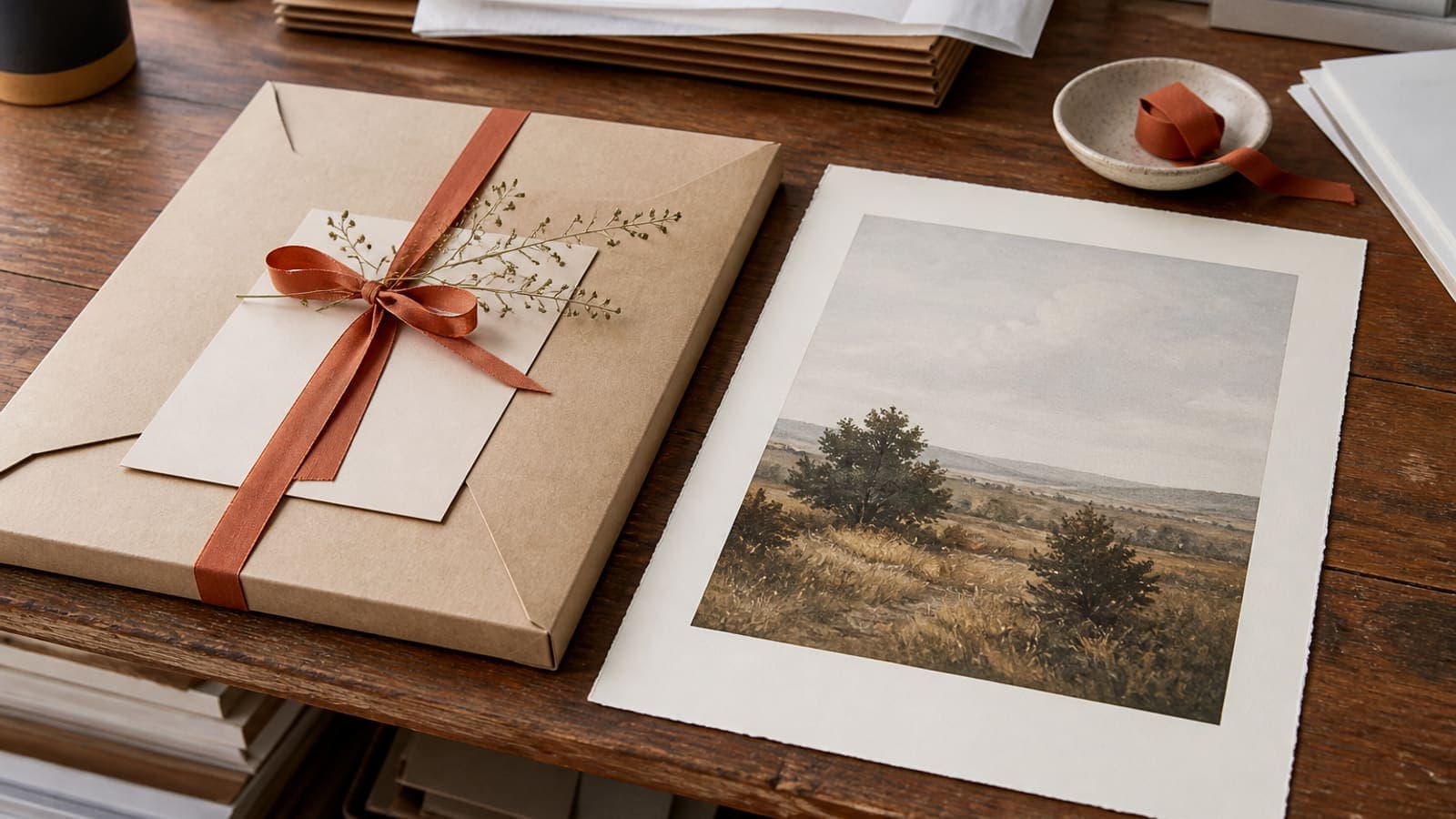A kraft-mailer art print beside a production print file on a cream print-shop desk