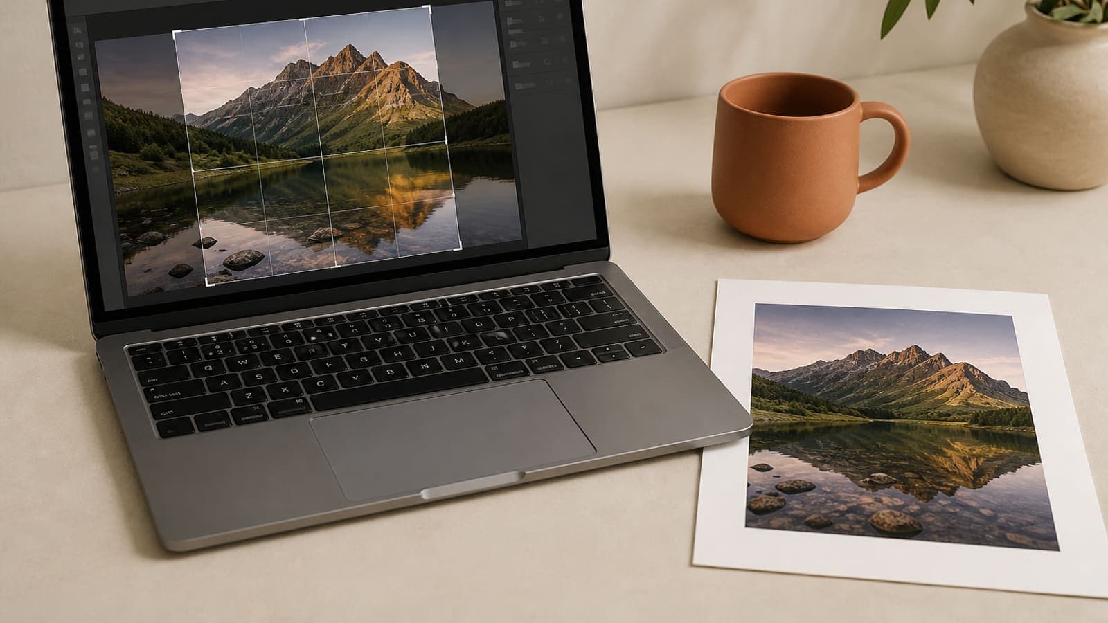 A laptop on a cream studio desk beside a finished 300 DPI art print and a terracotta mug
