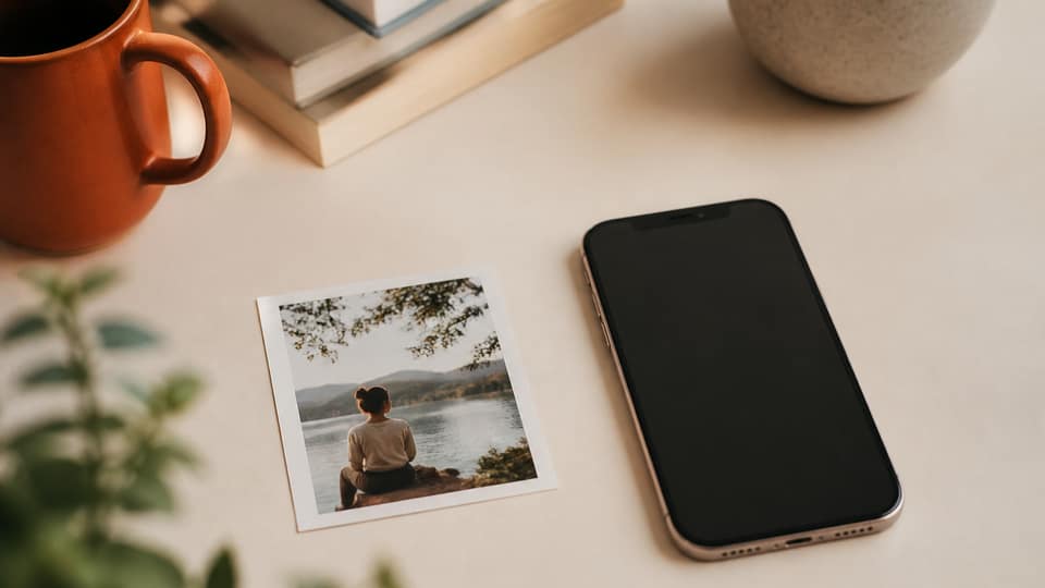 A phone showing a photo next to a paper print on a cream desk, no readable UI text, terracotta mug