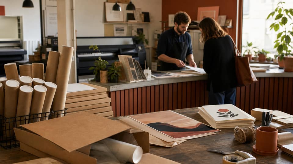 Poster tubes and cream paper proofs on a print-on-demand packing counter