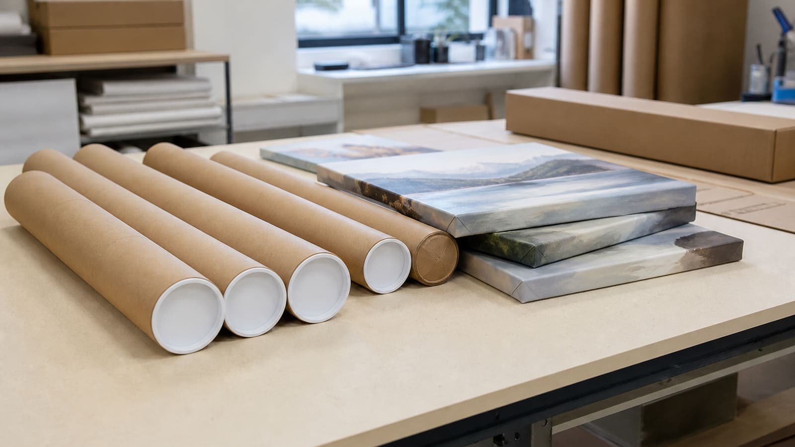 Poster tubes and canvas wraps on a cream packing table, print-on-demand station, no brand logos