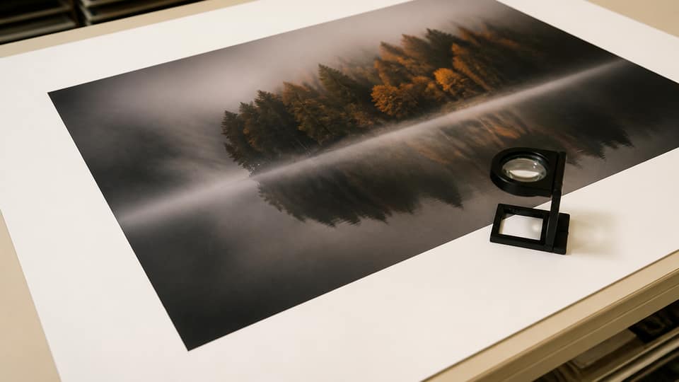 A sharp paper print next to a magnifying loupe on a cream print-shop counter