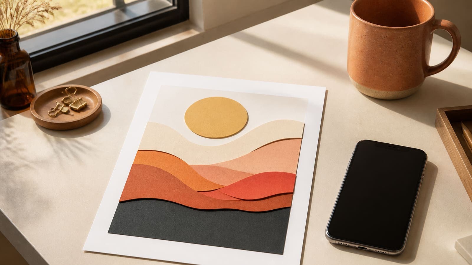 An iPhone beside a finished art print on a cream studio desk, warm window light, no readable screen text