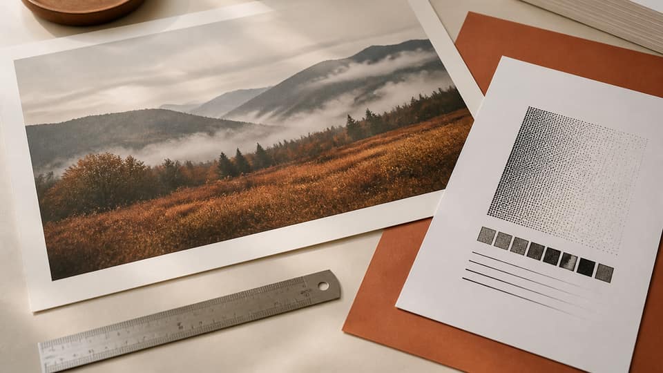 Fine-art landscape print on a cream print-shop desk with a metal ruler and a 300 DPI specification sheet