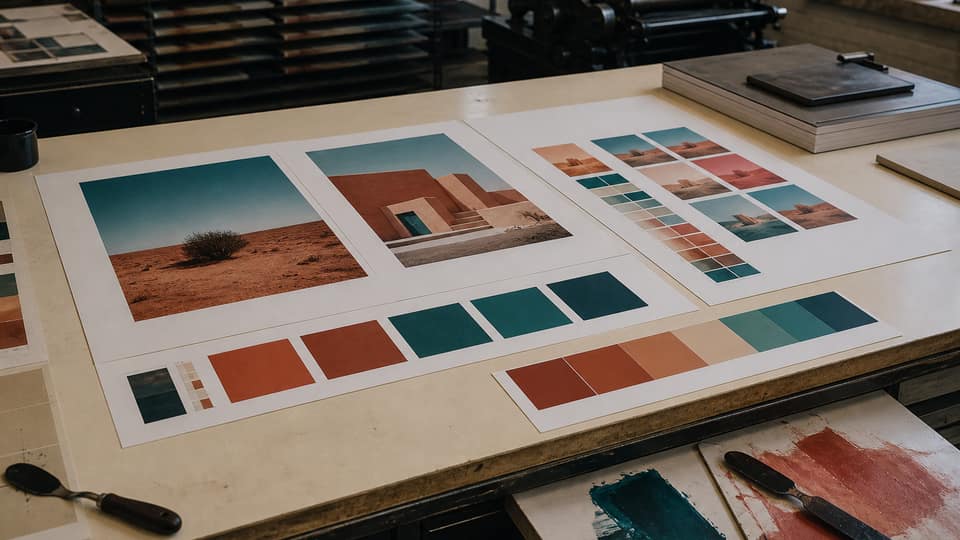 Color-managed print proofs on a cream bench with terracotta and teal ink swatches, no readable text
