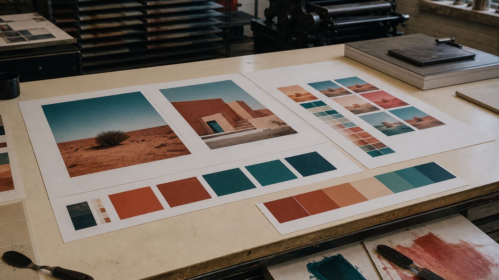 Color-managed print proofs on a cream bench with terracotta and teal ink swatches, no readable text