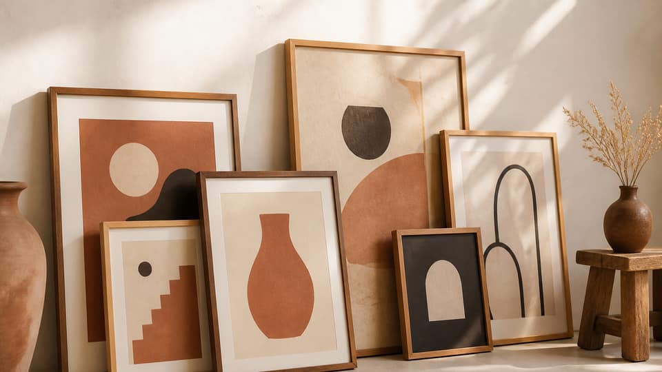 Several framed art prints in mixed sizes leaning on a cream studio floor