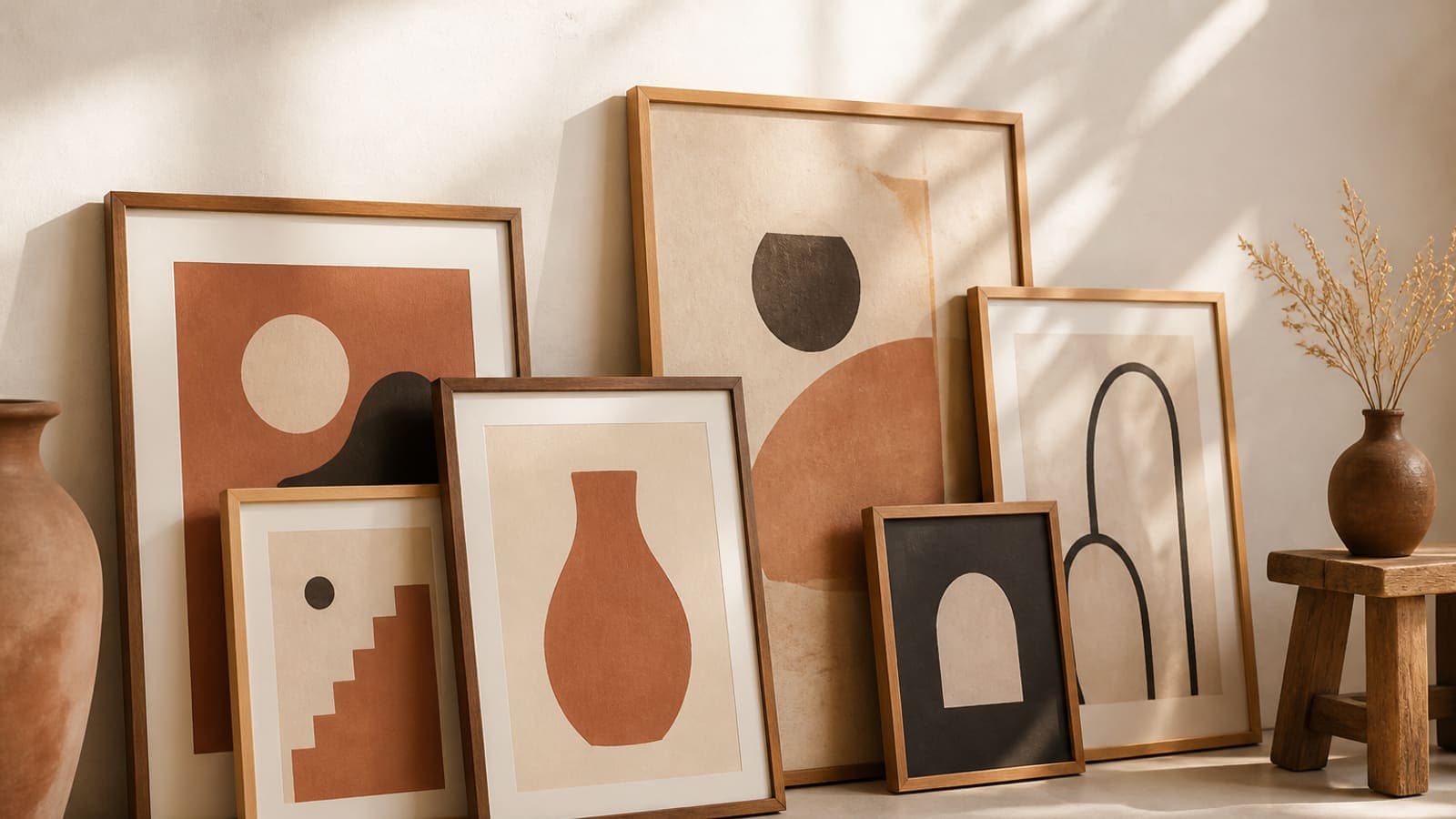 Several framed art prints in mixed sizes leaning on a cream studio floor